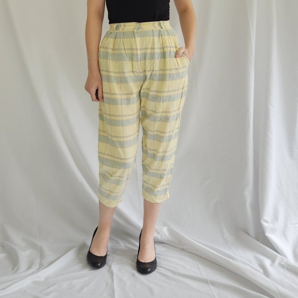 80s Yellow Plaid Cropped Pants‎